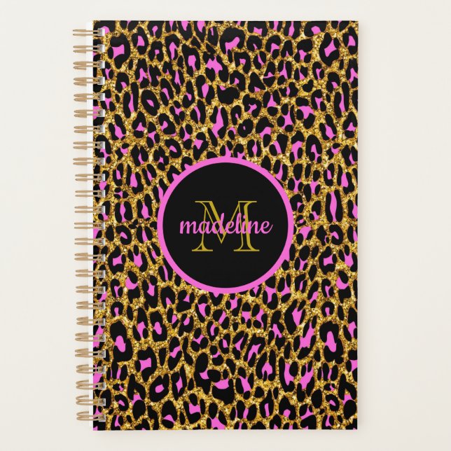 Trendy Girly Pink Leopard Print Mit Monogramm Planer (Vorderseite)