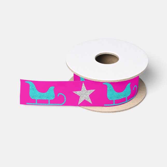 Trendy Girly Pink Sleigh Silver Star Shin Glitzer Satinband (Spule)