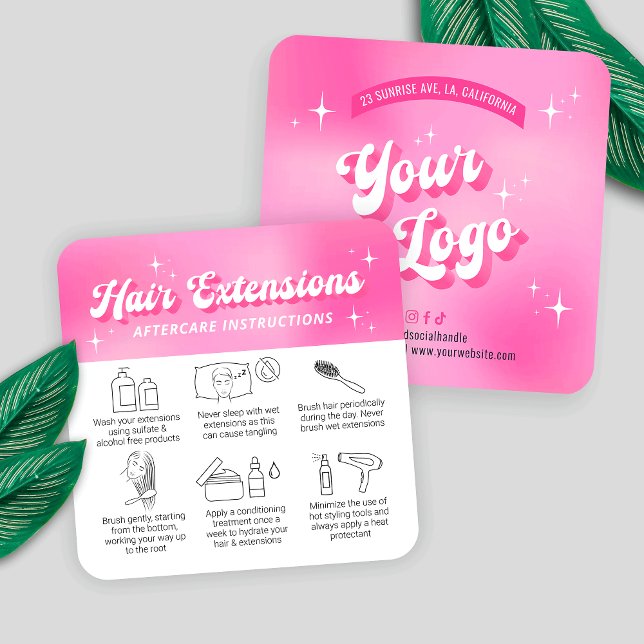 Trendy Girly Retro Pink Hair Extensions Aftercare Quadratische Visitenkarte (Trendy hair extensions care cards with icons, featuring girly pink design, care icons & retro fonts)