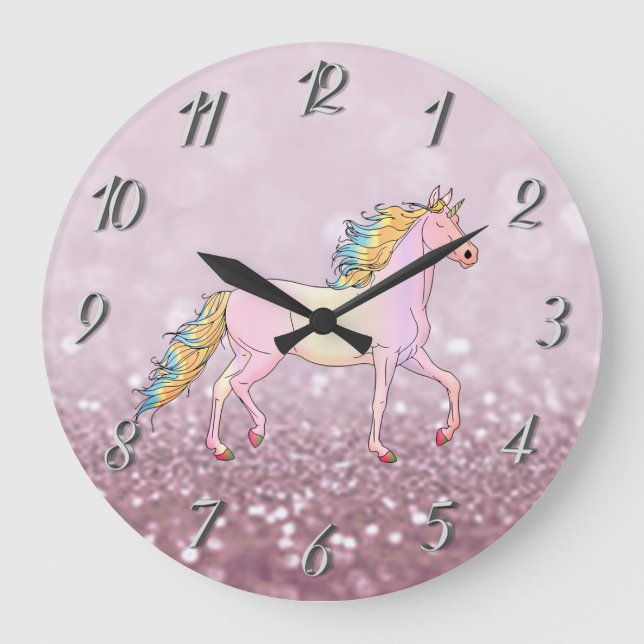 Trendy Glitzer Bokeh, Unicorn Große Wanduhr (Vorderseite)