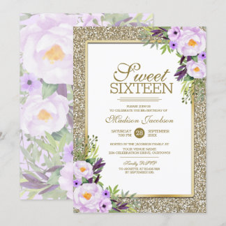 Trendy Glitzer Gold Floral Sweet 16 Party Einladung