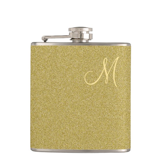 Trendy Glitzer-Gold mit Monogramm Flachmann (Vorderseite)