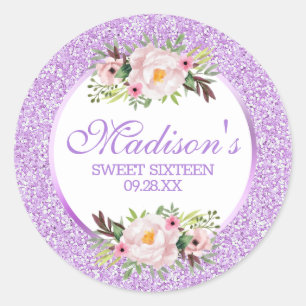 Trendy Glitzer Lila Floral Sweet 16 Runder Aufkleber