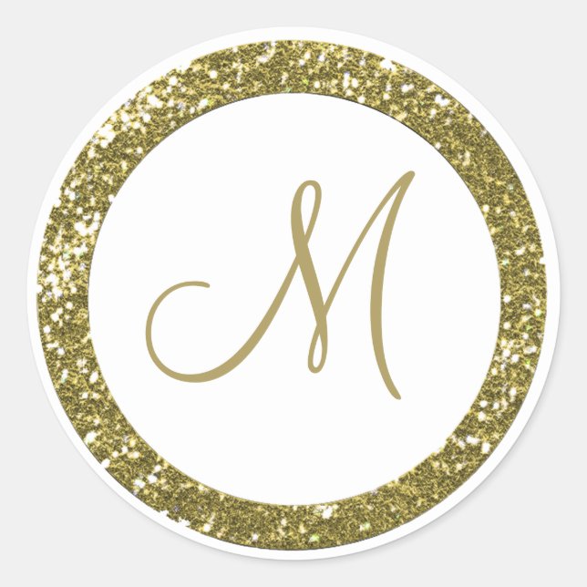 Trendy Glitzer Monogram Stickers: Gold Runder Aufkleber (Vorderseite)
