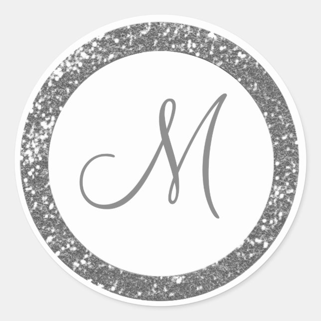 Trendy Glitzer Monogram Stickers: Silver Gray Runder Aufkleber (Vorderseite)