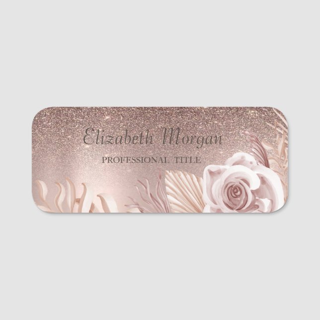 Trendy Glitzer Ombre, Blume, Rose Gold Namensschild (Vorderseite)