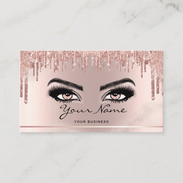 Trendy Glitzer Rose Gold Tropfen Lashes Skript Visitenkarte (Vorderseite)