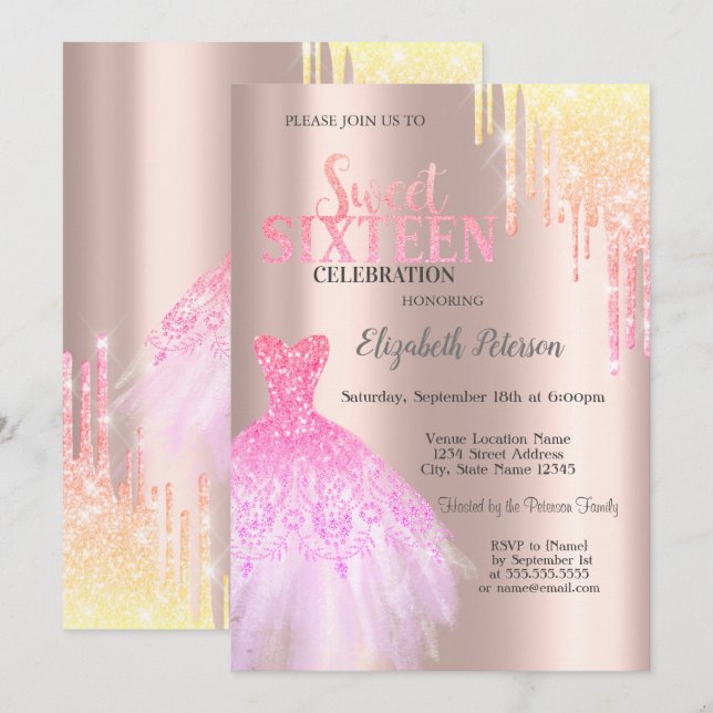 Trendy Glitzer Tropfen, Dress Rose Gold Sweet 16 Einladung (Vorne/Hinten)
