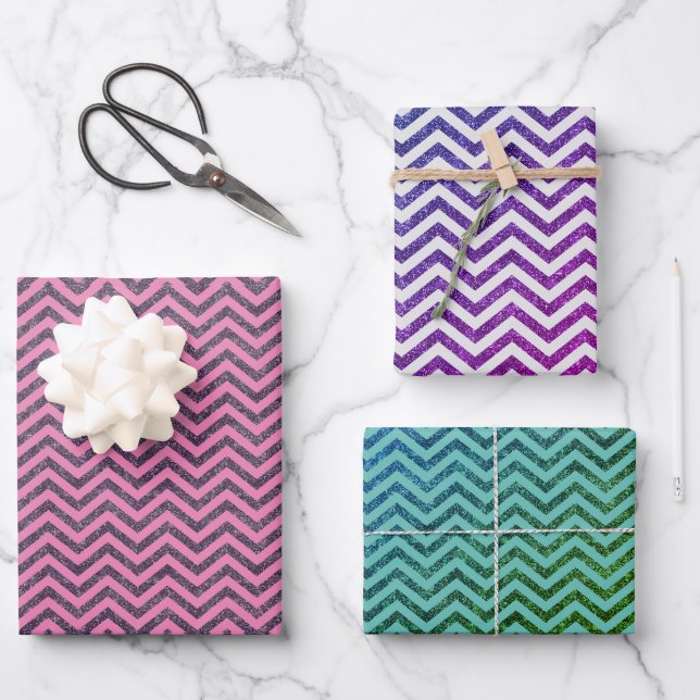 Trendy Glitzer Zickzack Mustertrio Geschenkpapier Set (Vorderseite)