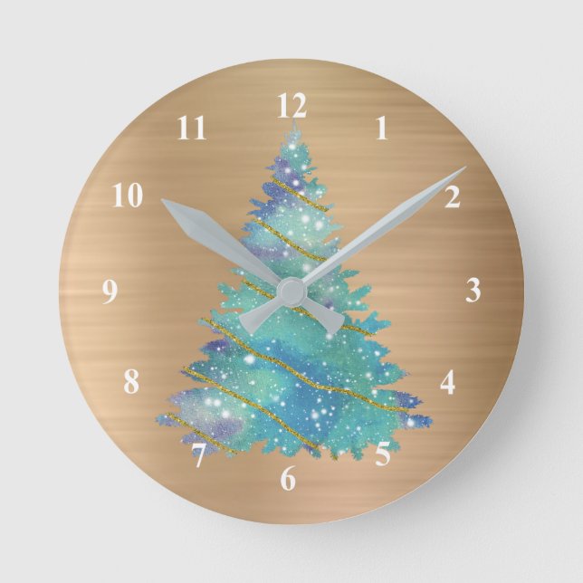Trendy Gold Aquamarin Glitzer Tree Weihnachten Runde Wanduhr (Vorderseite)