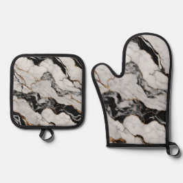 Trendy Gold Black and White Marmor Ofenhandschuh & Topflappen-Set