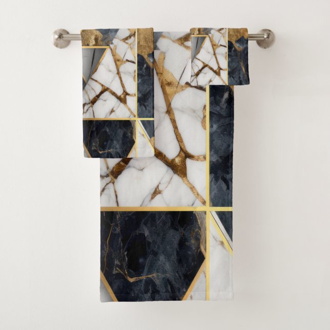 Trendy Gold Black Geometric Marmormuster Badhandtuch Set (Insitu)