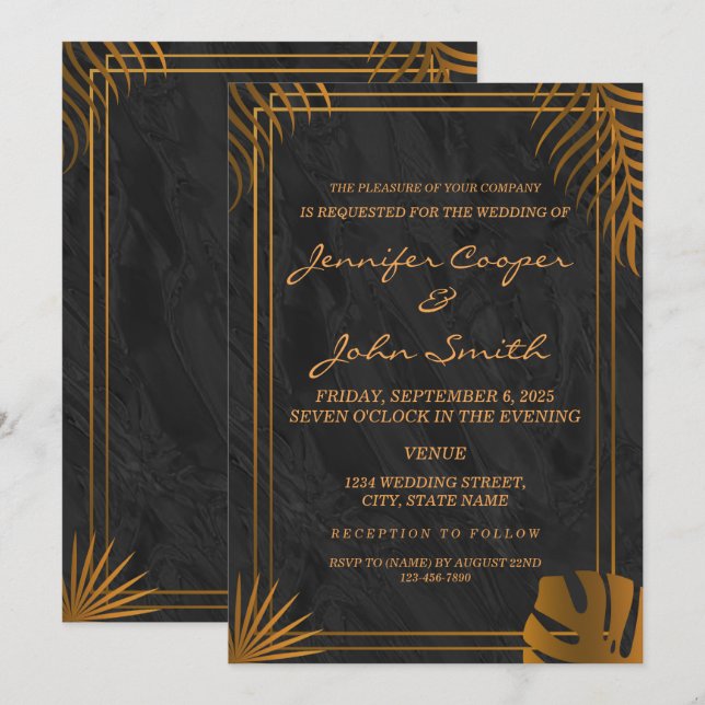 Trendy Gold Blätter und Geometric Frame Wedding Einladung (Vorne/Hinten)