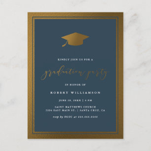 Trendy Gold Cap & Navy Graduation Party Einladungspostkarte