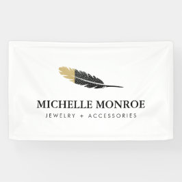 Trendy Gold Dipped Boho Feather Designer White Banner