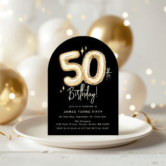 Trendy Gold Fifty Balloons 50th Birthday Party Einladung