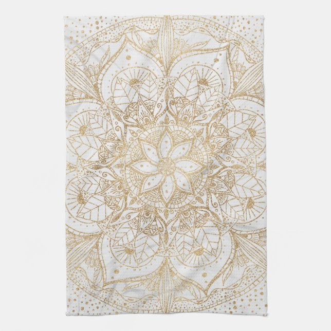 Trendy Gold Floral Mandala Marmordesign Geschirrtuch (Vertikal)
