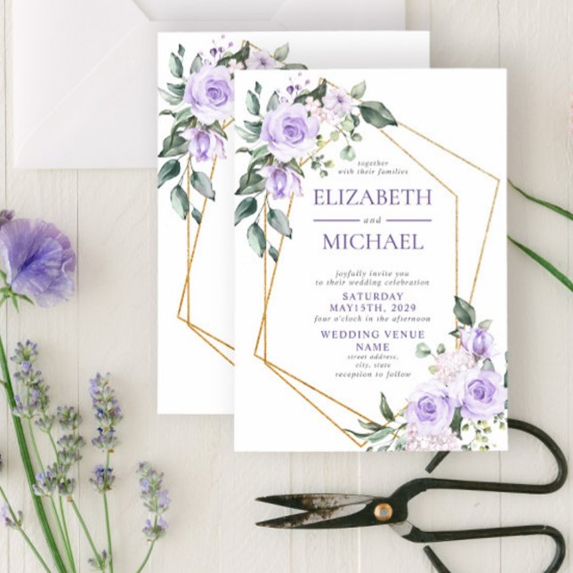 Trendy Gold Geometric Lilac Floral Spring Invitati Einladung (Von Creator hochgeladen)