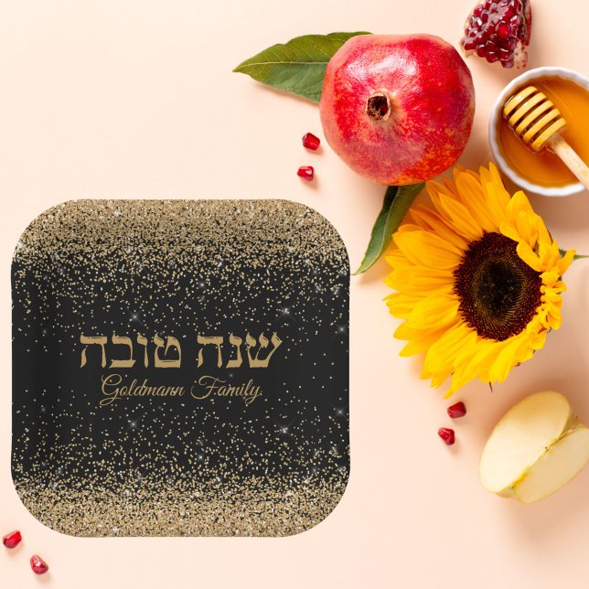 Trendy Gold Glitzer Drops Jewish Rosh Hashanah Pappteller (Von Creator hochgeladen)