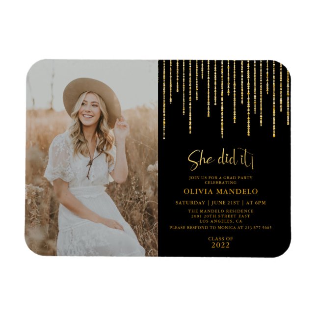 Trendy Gold Glitzer Grad Party Foto Einladung Magnet (Horizontal)