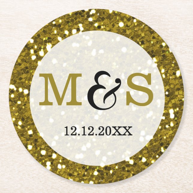 Trendy Gold Glitzer Mit Monogramm Wedding Runder Pappuntersetzer (Vorderseite)
