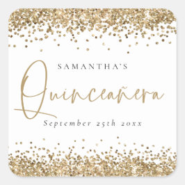 Trendy Gold Glitzer Name Datum Quinceañera Party Quadratischer Aufkleber