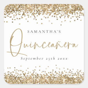 Trendy Gold Glitzer Name Datum Quinceañera Party Quadratischer Aufkleber