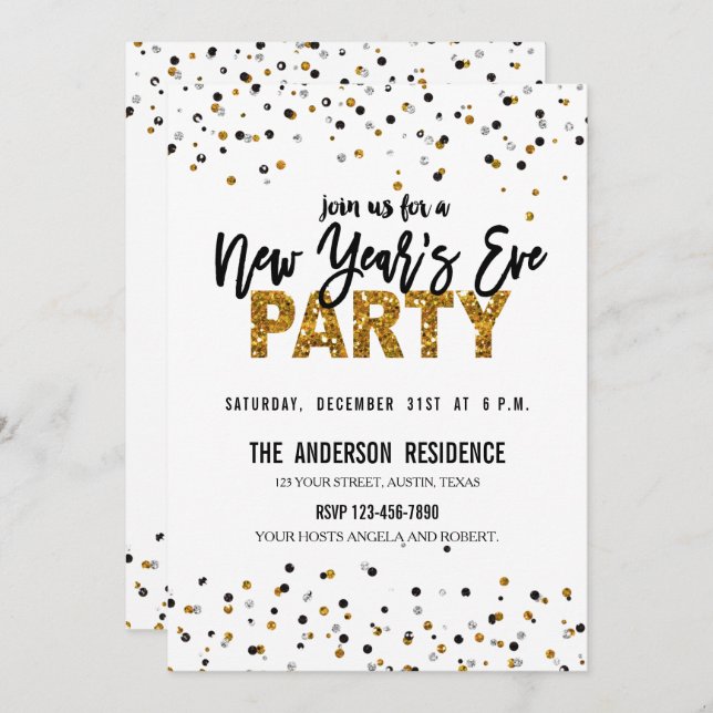 Trendy Gold Glitzer Silvester Party Einladung (Vorne/Hinten)
