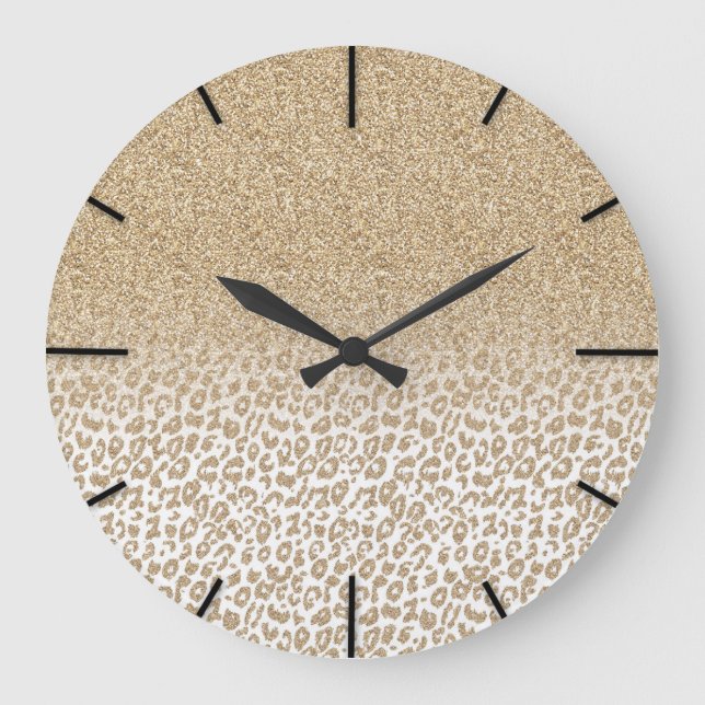Trendy Gold Glitzer und Leopard Print Gradient Große Wanduhr (Vorderseite)