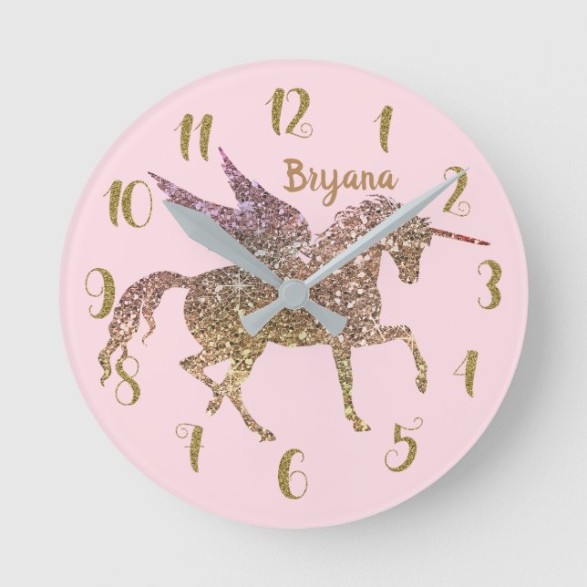 Trendy Gold Glitzer Unicorn Pegasus ANY FARBE Runde Wanduhr (Vorderseite)