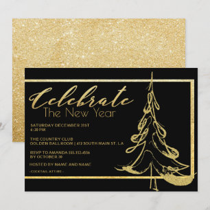 Trendy Gold Glitzer Weihnachtsbaum Neujahr Party Einladung
