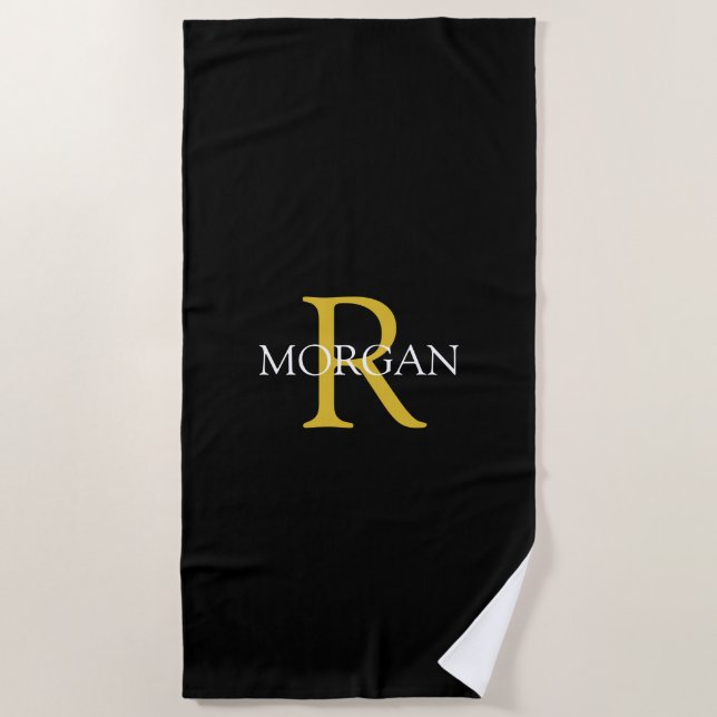Trendy Gold Monogram & White Name, Black Strandtuch (Vorderseite)