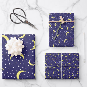 Trendy Gold Moon & Gold Stars Dark Blue Sky Thema Geschenkpapier Set