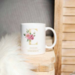 Trendy Gold Watercolor Blume Letter E Monogramm Kaffeetasse