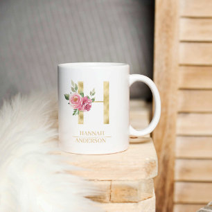 Trendy Gold Watercolor Blume Letter H Monogramm Kaffeetasse