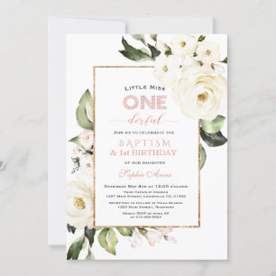 Trendy Gold White Floral Taufe Erster Geburtstag Einladung