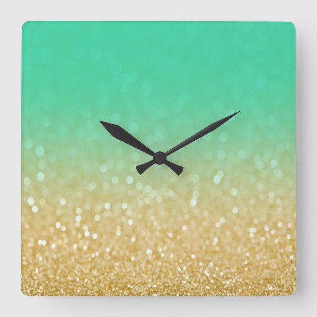 Trendy Goldaquamarine Ombre Glitzer-Wand-Uhr Quadratische Wanduhr (Vorderseite)