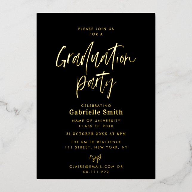 Trendy Goldschrift Graduierungsparty Folieneinladung (Vorderseite)