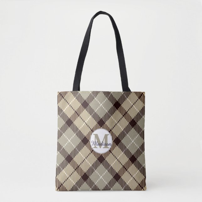 Trendy Gray Kariert Tartan Monogram Script Teacher (Vorderseite)