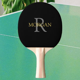 Trendy Gray Monogram & Gold Name auf Black Tischtennis Schläger