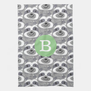 Trendy Gray Sloth Doodles   Monogramm Geschirrtuch
