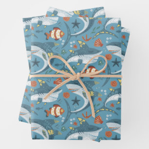 Trendy Green Blue Shark Party Guest Gift Geschenkpapier Set
