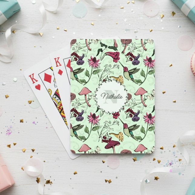 Trendy Green Blume & Hummingbird Monogram Spielkarten (Floral Hummingbird Playing Cards. Botanical Hummingbirds & Flowers Pattern for Animal & Bird Lovers)