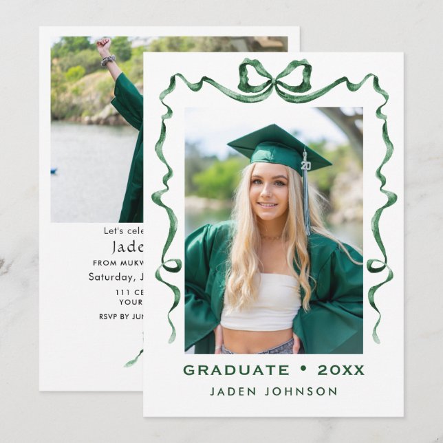Trendy Green Bow Ribbon 2 FOTO Graduation Party I Einladung (Vorne/Hinten)
