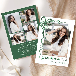 Trendy Green Bow Ribbon 5 FOTO Graduation Party Einladung