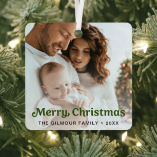 Trendy Green Frohe Weihnachtsfamilie Foto Ornament Aus Metall