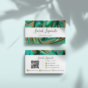 Trendy Green & Gold Liquid Marble QR Code Visitenkarte