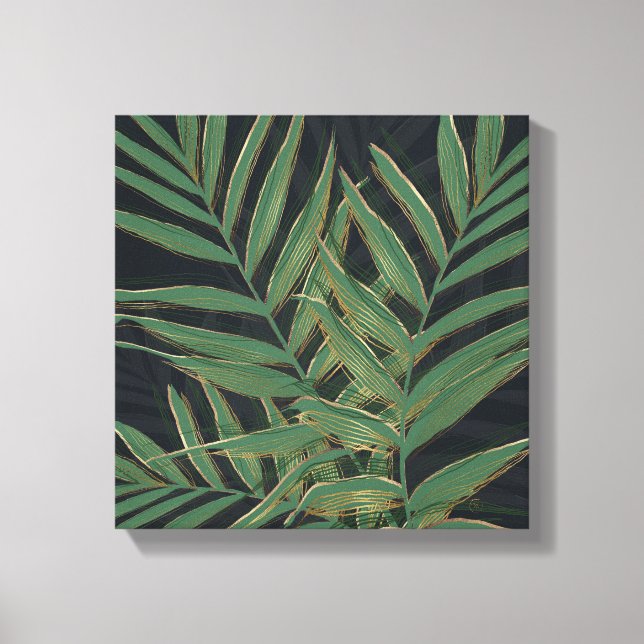 Trendy Green Palm Blätter Gold Strikes Gray Design Leinwanddruck (Vorderseite)