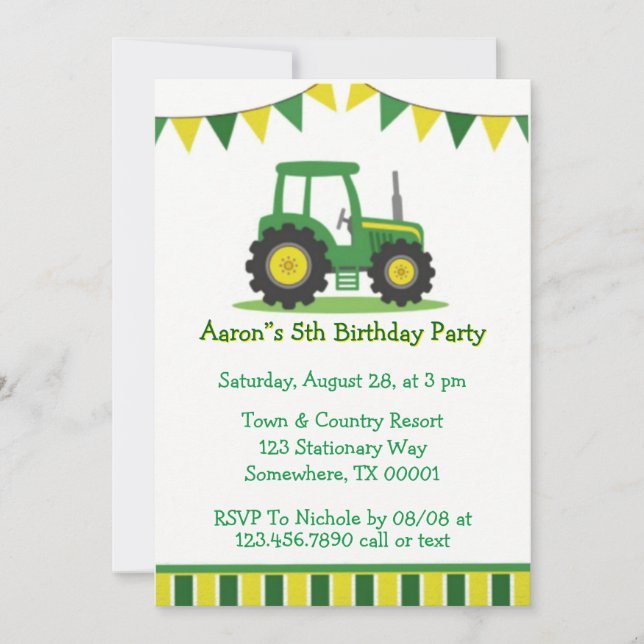 Trendy Green Yellow Tractor Boy Birthday Party Einladung (Vorderseite)