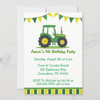 Trendy Green Yellow Tractor Boy Birthday Party Einladung